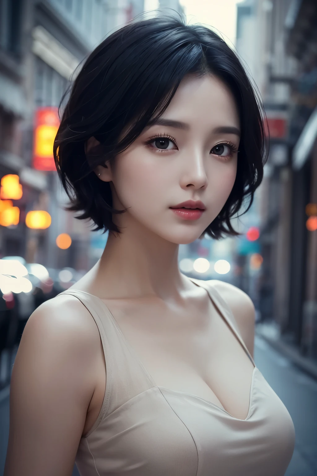(,Street lamp,moon),masterpiece, One woman in underwear, Solo Exhibitions, Beautiful woman with small breasts,Beautiful Goddess Portrait, Beautiful and elaborate face, Porcelain-like skin, (((Full Shot,center, night, Black Hair, short hair)), Very soft lighting, Symmetric, complicated, grace, Attention to detail, realism, art, concept art,White clothes,