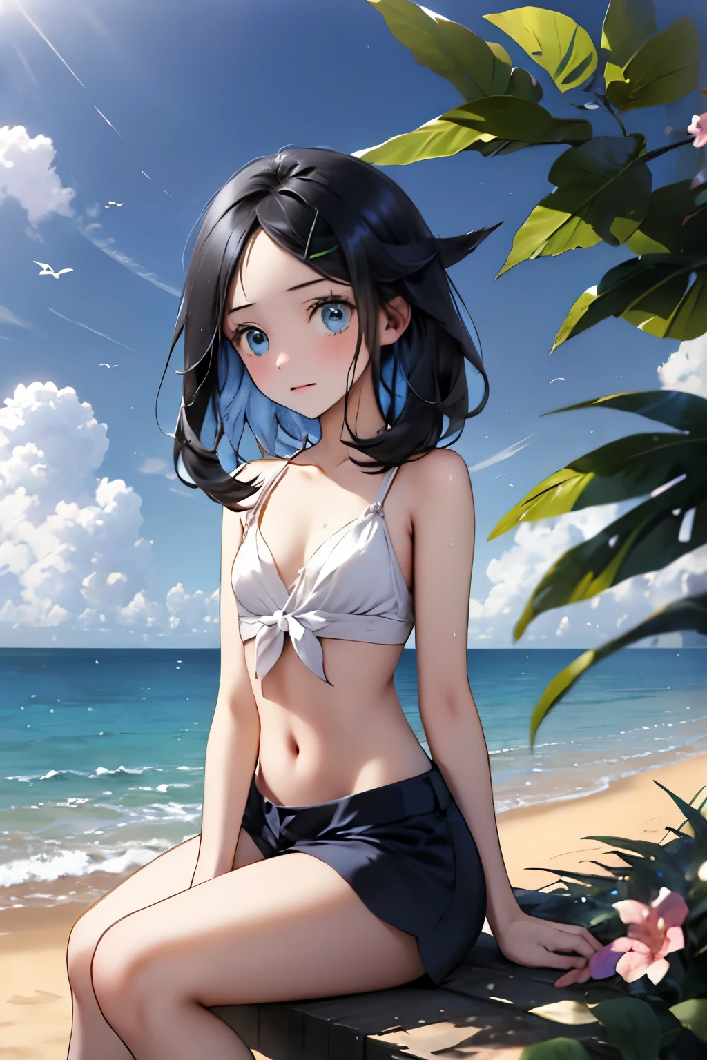  (masterpiece,  best quality,  8K ultra-high resolution :1.4), ((Pokemon Rico )), (tropical,  beachside, flower: 1.4),  Written Boundary Depth, Film focus,  angle from below,  sitting, Emotional composition, Emotional engine full throttle BREAK Young and かわいい girl, Slender body,  flat chested, Provocative, ((shy)), Expressions of affection, Extremely Detailed and Shiny Skin ,sweat,   topless, exposed breasts,  shorts, wet and shiny thighs , 完璧なPokemon Rico トップブレイク
, wind, detailed in the wind, petals dancing in the wind
BREAK
ultra detailed crystal eyes, Sparkling jewel-like eyes