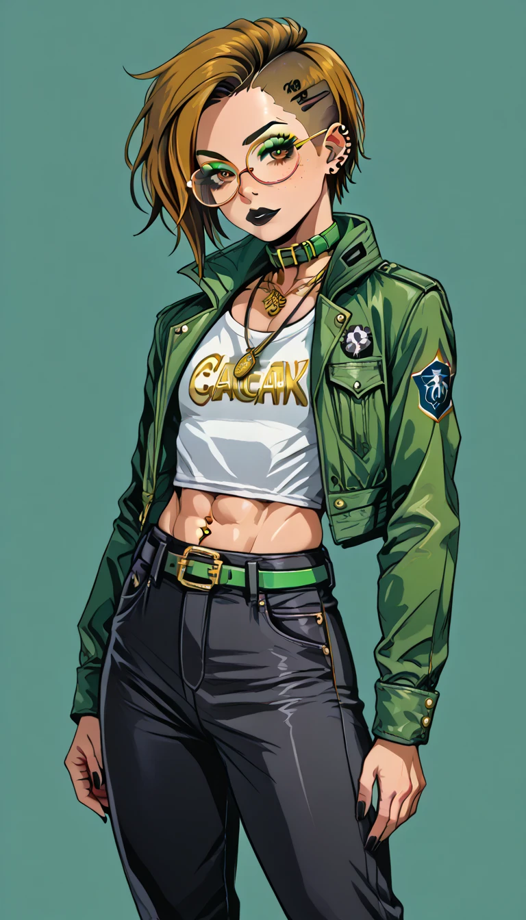 1boy;Androgynous;brown punk undercut hair;gold eyes;freckled skin;toned,athletic body;black lip gloss;black eyeliner;green eyeshadow;sharp black nails;round glasses;black tight full shirt;black cargo pants;green belt;Green distressed Canvas Jacket;Combat Boots;amber pendant;green collar;pierced ears;
