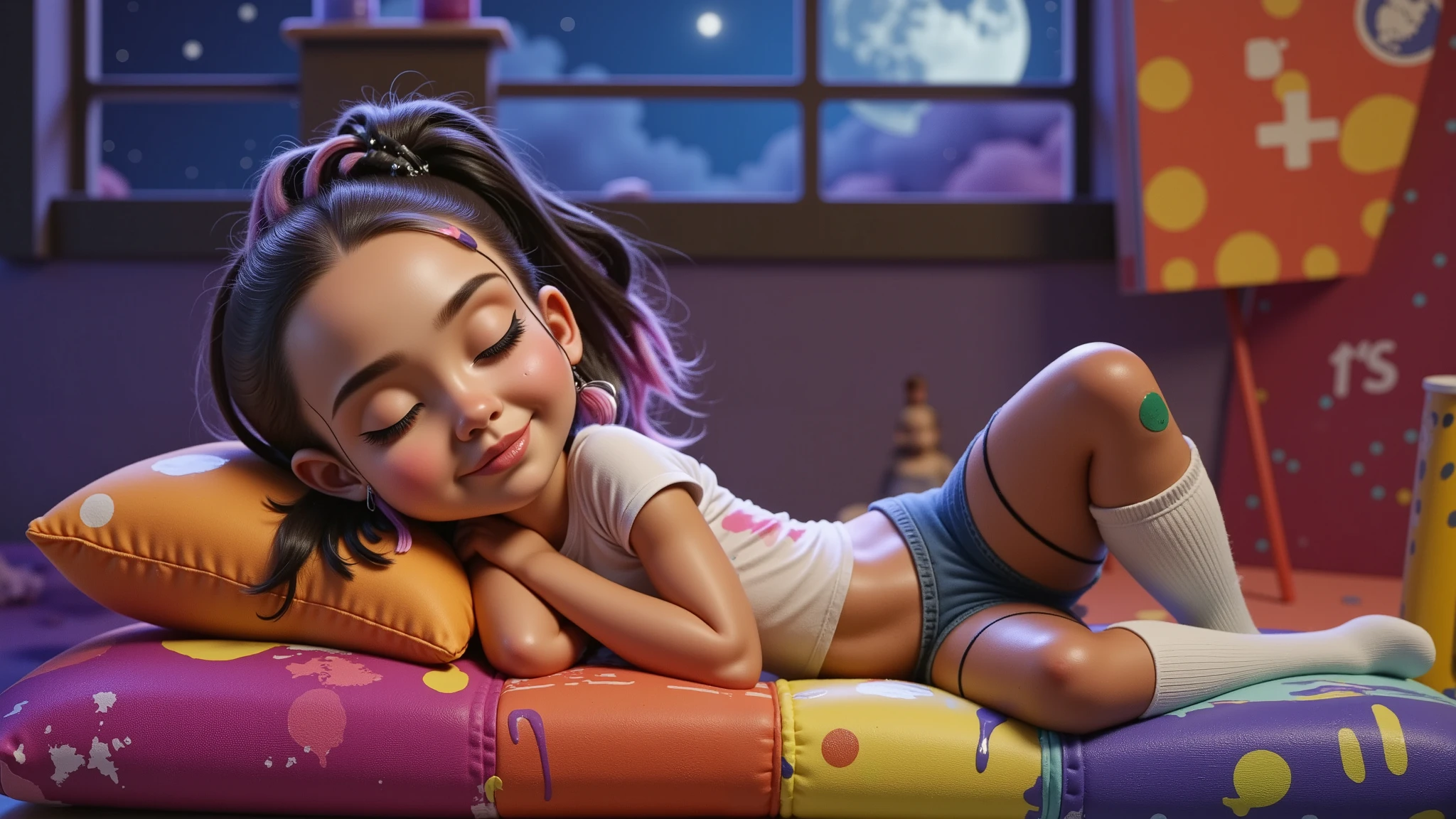 Inspired by Disney-Pixar 3D posters, the scene shows a10YO, , AGE:10, 10 ANOS DE IDADE, girl, light brown skin, African descent, curly hair tied in a ponytail, a pink lock of hair, lying down with her eyes closed, clearly sleeping peacefully and happily. It is night, the moon is full and the stars shine breathtakingly, and the room has a soft glow that exudes a magical and peaceful atmosphere. The girl is surrounded by creative chaos: vibrant paints scattered everywhere, cushions of various colors around her, brushes and open paint pots, with splashes covering the floor, the cushions and even her own clothes. Her white T-shirt and pink shorts, short and sexy, tucked into her vagina so tight, white socks up to her knees. A huge window shows the beauty of this special night. They are stained with paint, her body is covered in splashes and traces of paint, but this adds to the feeling of creative joy. Her expression conveys peace and contentment, as if she had fallen asleep in the middle of an imaginative painting session. The scene, although messy, is enveloped by a playful and comforting atmosphere, highlighting creativity and dreaming.