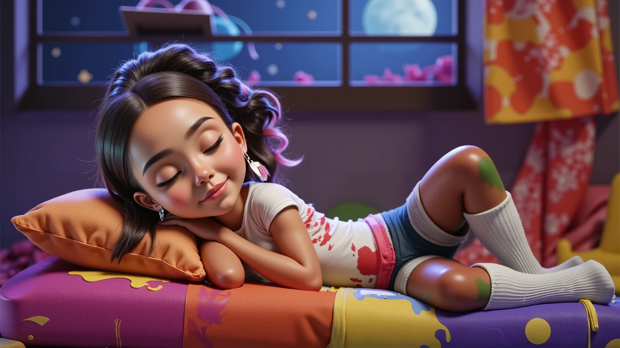 Inspired by Disney-Pixar 3D posters, the scene shows a10YO, , AGE:10, 10 ANOS DE IDADE, girl, light brown skin, African descent, curly hair tied in a ponytail, a pink lock of hair, lying down with her eyes closed, clearly sleeping peacefully and happily. It is night, the moon is full and the stars shine breathtakingly, and the room has a soft glow that exudes a magical and peaceful atmosphere. The girl is surrounded by creative chaos: vibrant paints scattered everywhere, cushions of various colors around her, brushes and open paint pots, with splashes covering the floor, the cushions and even her own clothes. Her white T-shirt and pink shorts, short and sexy, tucked into her vagina so tight, white socks up to her knees. A huge window shows the beauty of this special night. They are stained with paint, her body is covered in splashes and traces of paint, but this adds to the feeling of creative joy. Her expression conveys peace and contentment, as if she had fallen asleep in the middle of an imaginative painting session. The scene, although messy, is enveloped by a playful and comforting atmosphere, highlighting creativity and dreaming.