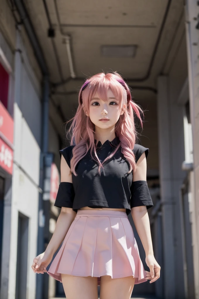 masterpiece,  best quality,  high definition ,  absurd,  1 girl, crowd,  skirt,  Pink Hair, Gasai Yuno, from below ,  revealing clothing ,  Skintation , Outdoor, sunlight, street,  watching viewers , ,