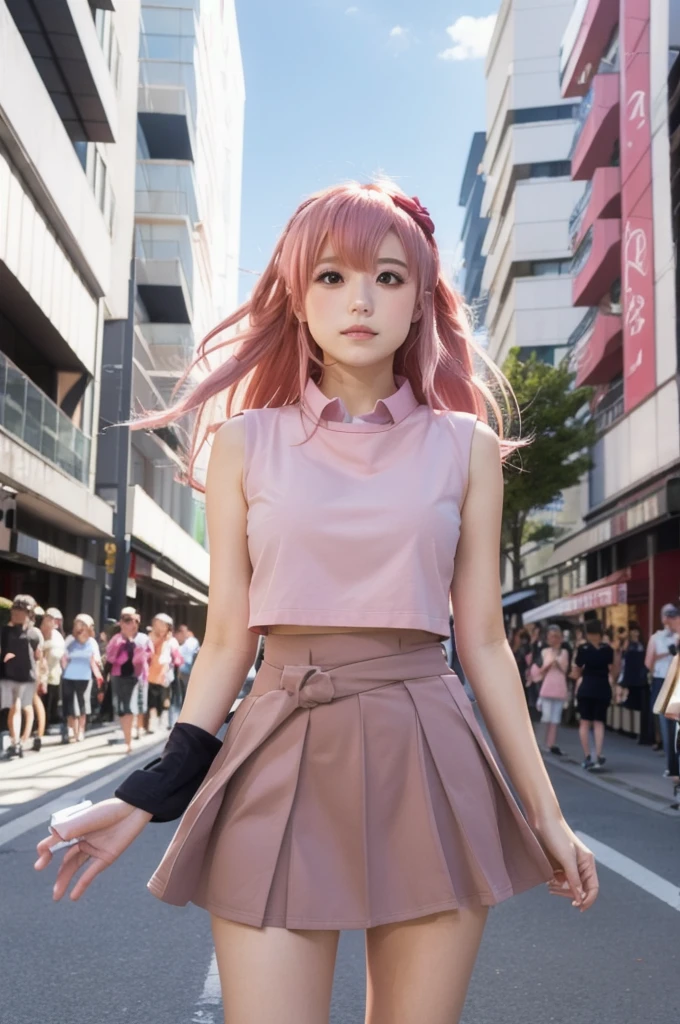 masterpiece,  best quality,  high definition ,  absurd,  1 girl, crowd,  skirt,  Pink Hair, Gasai Yuno, from below ,  revealing clothing ,  Skintation , Outdoor, sunlight, street,  watching viewers , ,