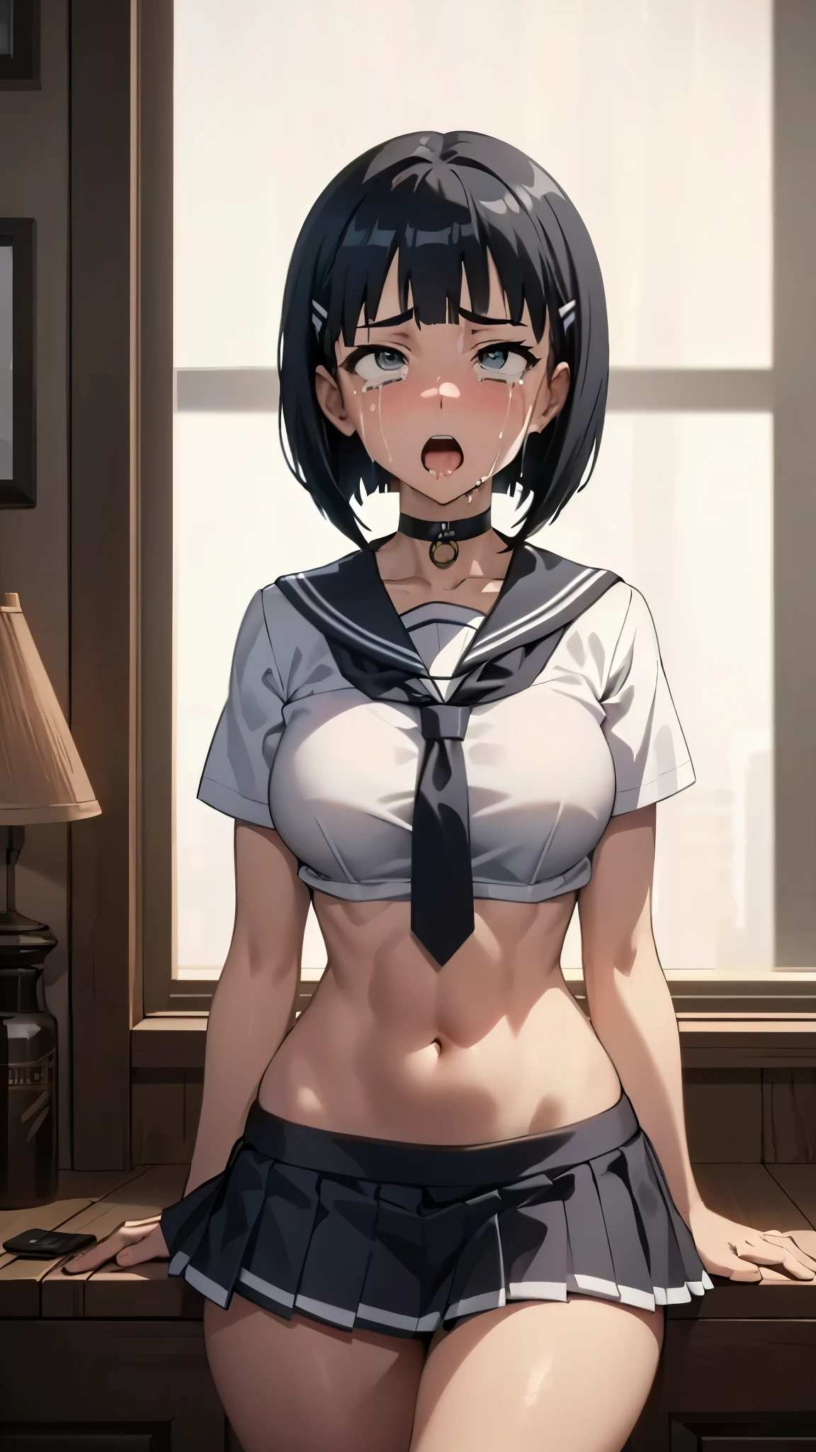 anime,EFT_Sao_Sis,((thigh-up shot)),(screaming:1.5,crying:1.2,empty eye),out tongue,(black hair,bob cut,straight bang:1.3), ((choker, short-sleeved sailor blouse,gray sailor collar,gray sailor necktie,low-rise micro pleated skirt)),big breasts,(toned body:1.8),six pack:0.7,groin