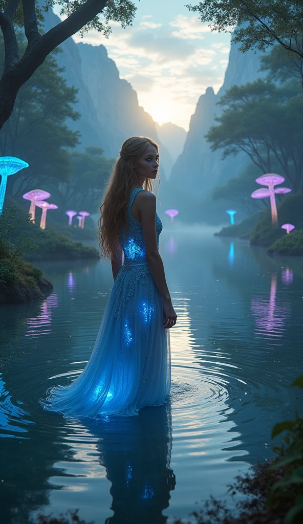 A wonderful water being, iridescent and translucent, in high quality, with clear features and a stunning beauty, in a half body, in clothes made of night and stars, emerges from the waters, a scene of fantasy and beauty. A river in the middle of an enchanted forest, splashes of colored lights, luminous and translucent butterflies.8k, HDR.