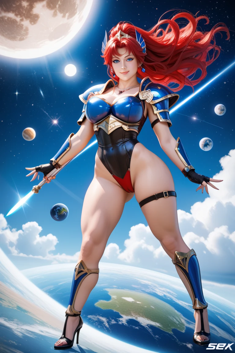 High Definition Details, best quality, high quality details, 1 adult woman, solo, black leotard, breast, red hair, blue eyes,shinning eyes, shinning face, full body, fingerless glove, black high heels, white thighs, red underwear ,blue armor, breastplate, necklace, white nail polish, milf, looking at the viewer. Universe background, stars, moon, sun , planets, in front, close up, breastplate, armor, blue diadem, big tits, big ass, very horny poses, looking at viewer, sexy poses. 4K Full HD, perfect anatomy, saint seiya Lost Canvas