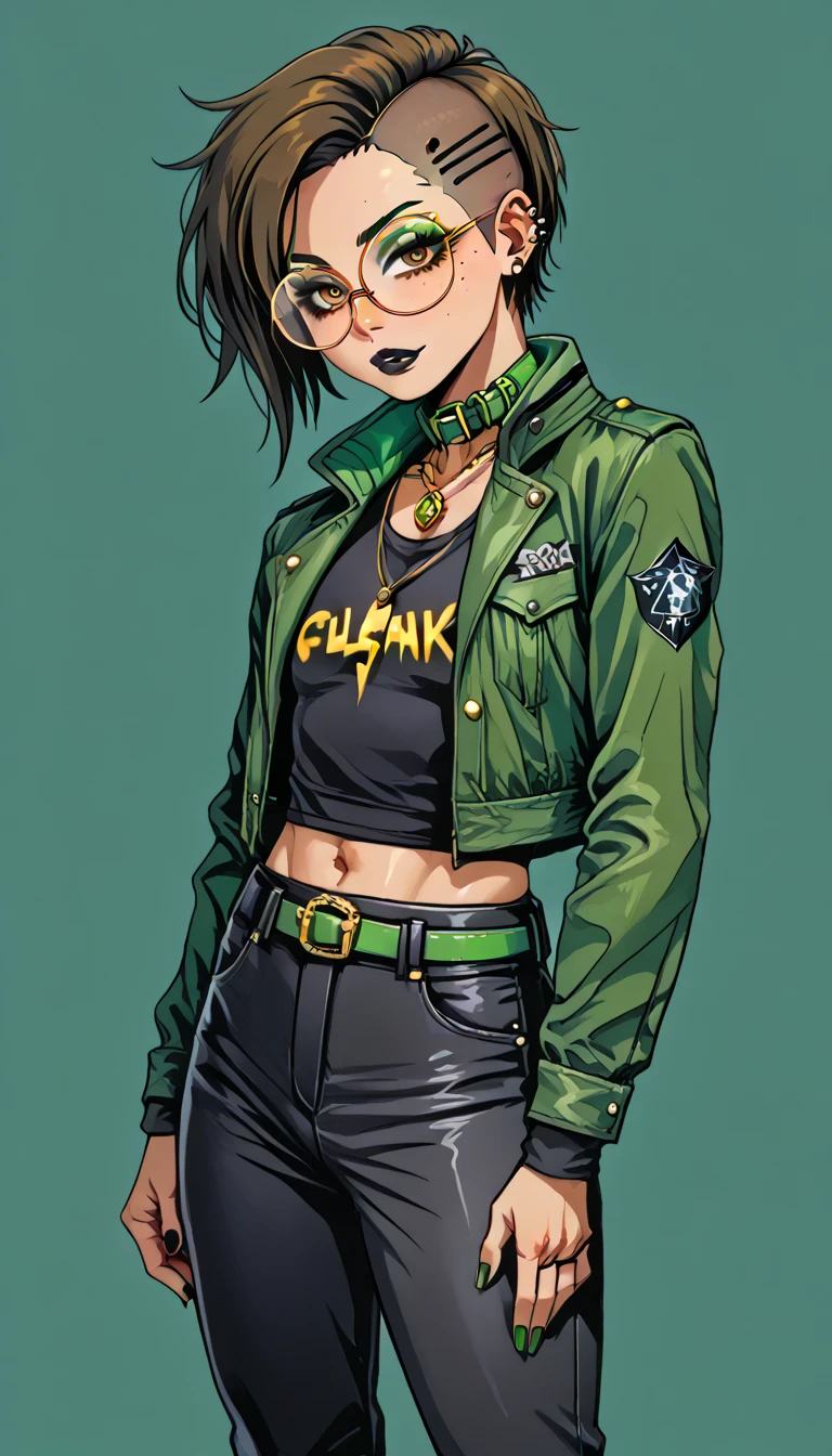 1boy;Androgynous;dark brown punk undercut hair;gold eyes;freckled skin;toned,athletic body;black lip gloss;black eyeliner;green eyeshadow;sharp black nails;round glasses;black tight full shirt;black cargo pants;green belt;Green distressed Canvas Jacket;Combat Boots;amber pendant;green collar;pierced ears;
