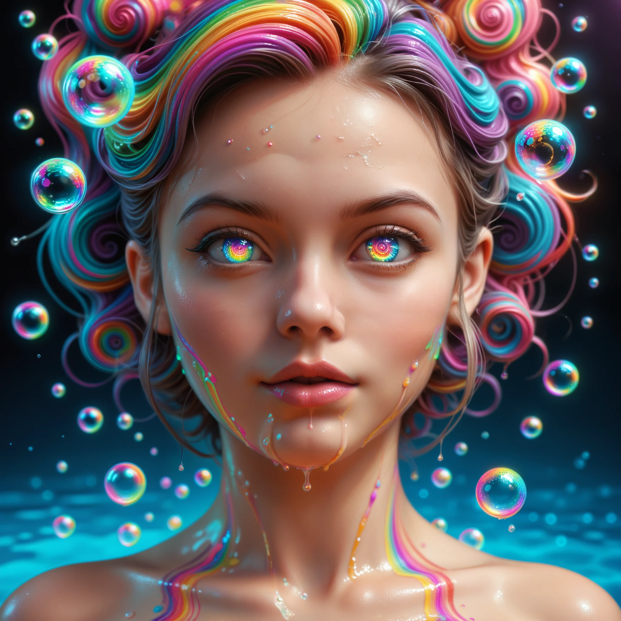 A photorealistic cinematic dream, an extremely attractive young woman, (full body shot)is caught in a dream where psychedelic vibrant colors are shimmering, glass orbs are  levitating and spilling  out rivers of intricate rainbow patterns, perfectly formed symmetrical spheres levitate, glowing reflective bubbles are forming, attention to detail on the bubbles and spheres, rainbows of color twisted in and out of translucent orbs, spilled paint and spirals of swirling color fill the background, beautiful detailed digital art, pixel art, neon colors, 4d mandelbulb psychedelics, glass-like  landscapes, intricate patterns of neon green and neon pink spiderweb the environment, psychedelic underwater brightness, trails of color and light, bright neon colors, psychedelic vibrant colors, colorful paint drips out of the bubbles, 3D glass spheres melting into each other spilling out colors, visually disorienting, hallucination inducing, optical illusions, startling, stunning images, awe-inspiringly, best quality wallpaper, pixel assets, portrait photography, surrealism, photorealistic, hyperdetailed, glass morphism,highly reflective, glass shines and sparkles In a room with mirrors for walls glass is morphing inside of intricate rainbow patterns, perfectly formed symmetrical spheres and glowing reflective bubbles are everywhere melting into fizzy neon patterns carpeting the ground. Attention to detail on the bubbles and spheres, rainbows of color twisted in and out of translucent orbs, spilled paint and spirals of swirling color surround the young woman, beautiful psychedelic digital art, pixel art, neon green and neon pink, 4d mandelbulb psychedelics, glass-like psychedelic landscape, intricate rainbow environment, psychedelic underwater brightness, trails of color and light, bright fluorescent colors, psychedelic vibrant colors, bright psychedelic neon colors, colorful paint drips out of the bubbles, 3D glass spheres melting into each other spilling out colors,.