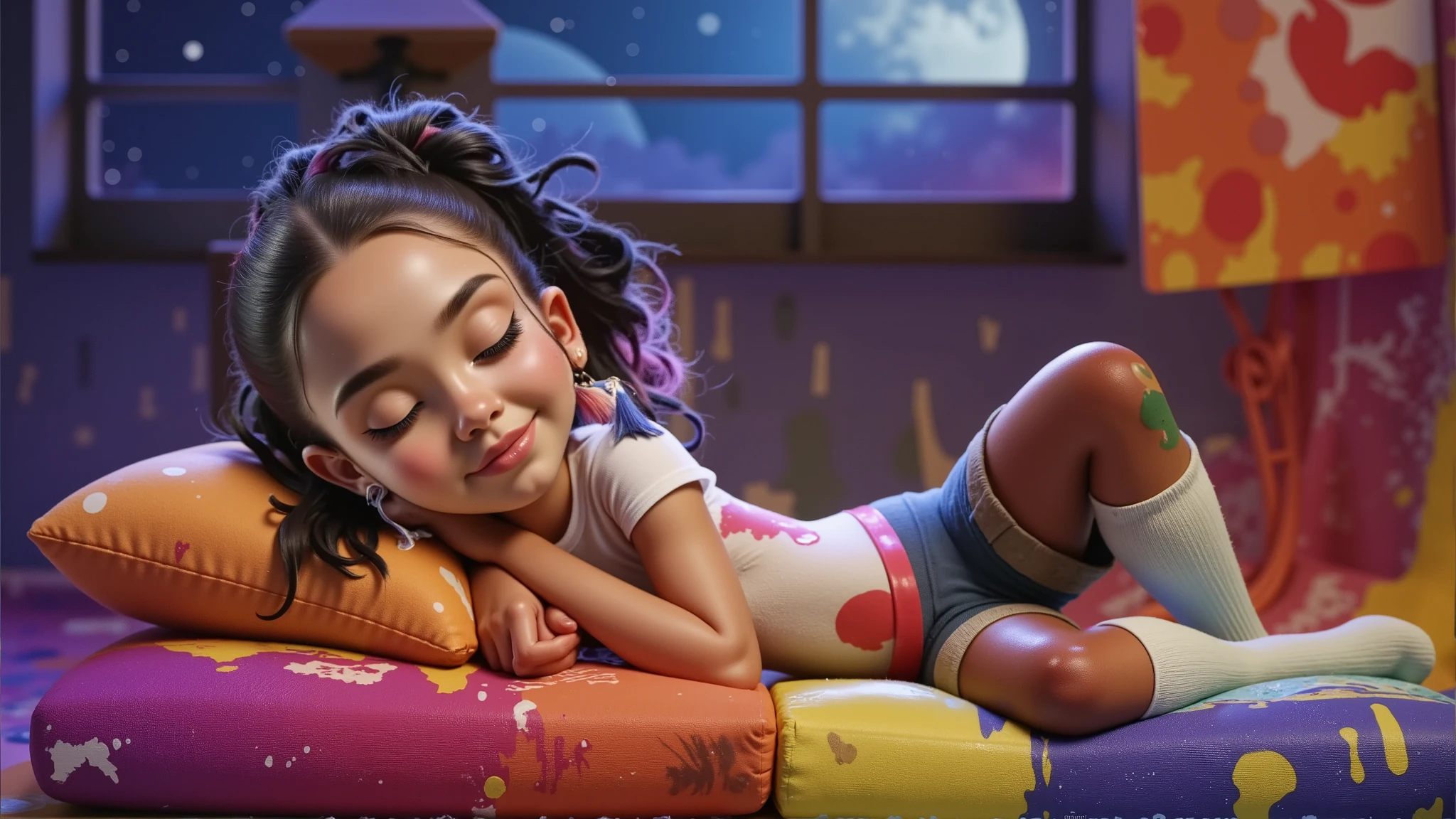 Inspired by Disney-Pixar 3D posters, the scene shows a girl, light brown skin, African descent, curly hair tied in a ponytail, a pink lock of hair, lying down with her eyes closed, clearly sleeping peacefully and happily. It is night, the moon is full and the stars shine breathtakingly, and the room has a soft glow that exudes a magical and peaceful atmosphere. The girl is surrounded by creative chaos: vibrant paints scattered everywhere, cushions of various colors around her, brushes and open paint pots, with splashes covering the floor, the cushions and even her own clothes. Her white T-shirt and pink shorts, short and sexy, tucked into her vagina so tight, white socks up to her knees. A huge window shows the beauty of this special night. They are stained with paint, her body is covered in splashes and traces of paint, but this adds to the feeling of creative joy. Her expression conveys peace and contentment, as if she had fallen asleep in the middle of an imaginative painting session. The scene, although messy, is enveloped by a playful and comforting atmosphere, highlighting creativity and dreaming.