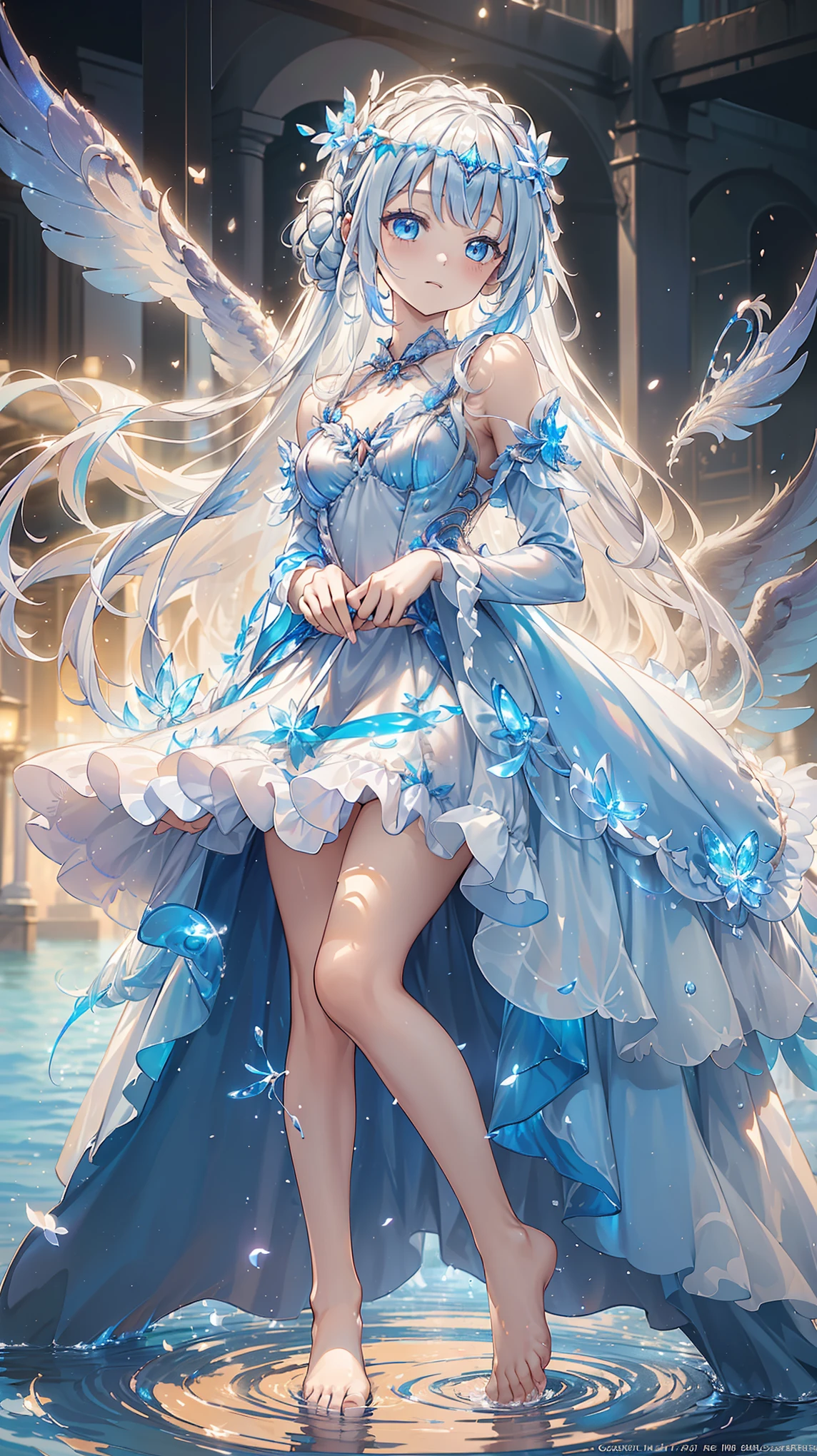  a girl , The Most Beautiful Woman in the World , Side seated , White hair, Long Bian , White hair,  blue eyes , ((( Barefoot in the water , Lightly dressed Lolita，Small hat， The dress has moving streamers ) )),  Deep Magical Forest ， Growing Neon Flowers and Fireflies ,  Colorful flowers and leaves , { Extremely Detailed 16k CG Unit Wallpaper}, Wide-ranging landscape photography, (  The focus is on characters and scenes  ), ( wide field of view ), (Low Angle Shot), (emphasize: 1.2), (Low Light: 1.7), ( Warm light source: 1.2),  Complex details , ( iridescent color : 1.5), ( brightly illuminate ), (Ambient lighting )
