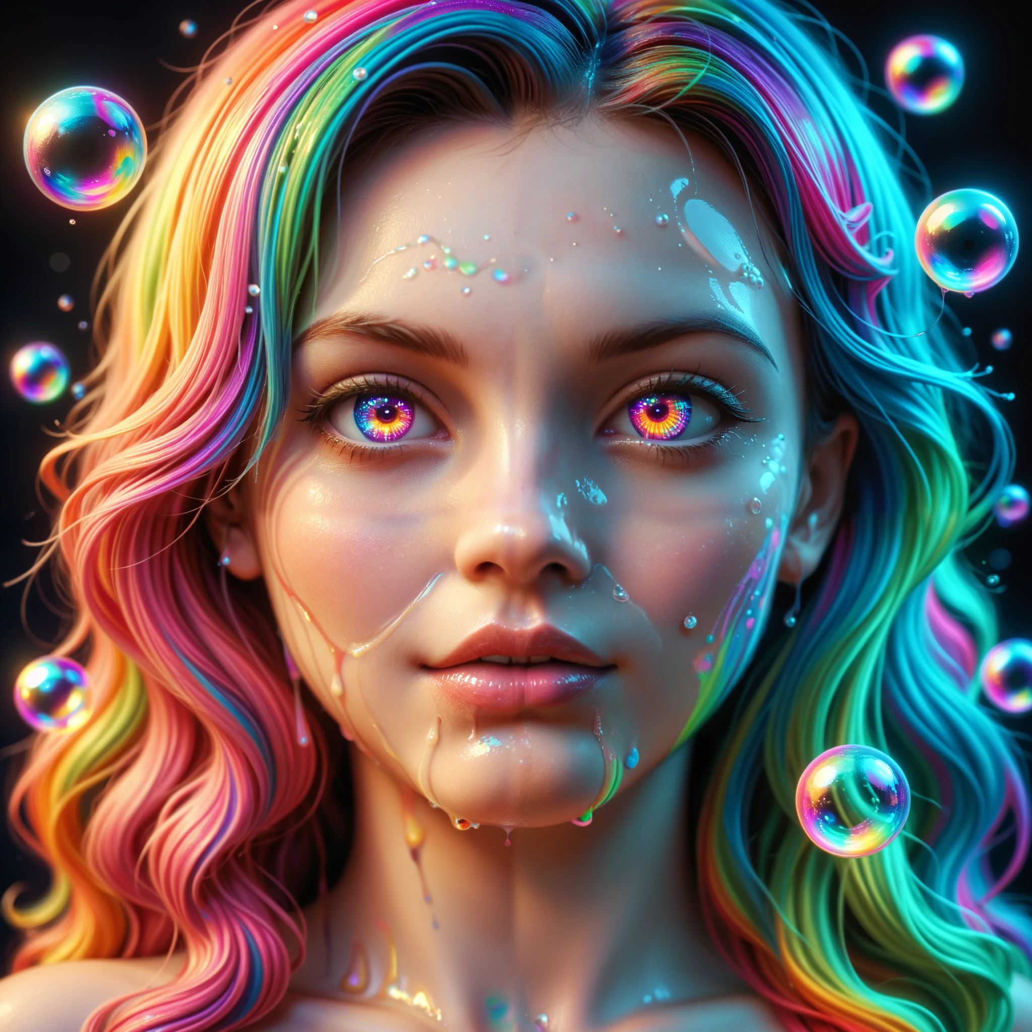 A photorealistic cinematic dream, an extremely attractive young woman is caught in a dream where psychedelic vibrant colors are shimmering, glass orbs are  levitating and spilling  out rivers of intricate rainbow patterns, perfectly formed symmetrical spheres levitate, glowing reflective bubbles are forming, attention to detail on the bubbles and spheres, rainbows of color twisted in and out of translucent orbs, spilled paint and spirals of swirling color fill the background, beautiful detailed digital art, pixel art, neon colors, 4d mandelbulb psychedelics, glass-like  landscapes, intricate patterns of neon green and neon pink spiderweb the environment, psychedelic underwater brightness, trails of color and light, bright neon colors, psychedelic vibrant colors, colorful paint drips out of the bubbles, 3D glass spheres melting into each other spilling out colors, visually disorienting, hallucination inducing, optical illusions, startling, stunning images, awe-inspiringly, best quality wallpaper, pixel assets, portrait photography, surrealism, photorealistic, hyperdetailed, glass morphism,highly reflective, glass shines and sparkles In a room with mirrors for walls glass is morphing inside of intricate rainbow patterns, perfectly formed symmetrical spheres and glowing reflective bubbles are everywhere melting into fizzy neon patterns carpeting the ground. Attention to detail on the bubbles and spheres, rainbows of color twisted in and out of translucent orbs, spilled paint and spirals of swirling color surround the young woman, beautiful psychedelic digital art, pixel art, neon green and neon pink, 4d mandelbulb psychedelics, glass-like psychedelic landscape, intricate rainbow environment, psychedelic underwater brightness, trails of color and light, bright fluorescent colors, psychedelic vibrant colors, bright psychedelic neon colors, colorful paint drips out of the bubbles, 3D glass spheres melting into each other spilling out colors,.