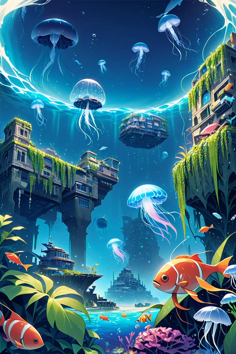 fish robot、robot fish 、 jumbled illustration、Artistic、masterpiece、Jellyfish、Submerged City、plant