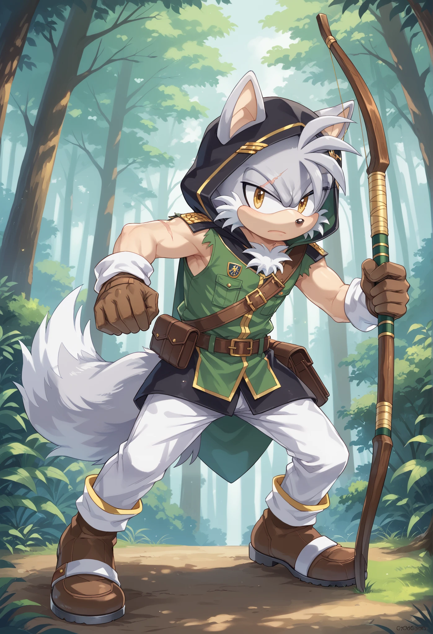 Male Wolf, ((Sonic character oc )), Male adult, ( silver fur in all body ), ( light gray inner ears ), (Alone), ( Short and messy hair ), forest, Left eye Blind , scar near the left eye that crosses the left eye diagonally, bow and quiver, con un hunter bow en la espalda y un Staff en su mano, Archery, wears a hood pero no esta puesta en su cabeza, brown gloves with cut toes and boots, yellow Eyes, Day time, ((mobian)), moebius forest, ranger clothing, (Fluffy Fur), Large Fluffy Tail, serious and sexy pose listo para el combate, ropa desgastada