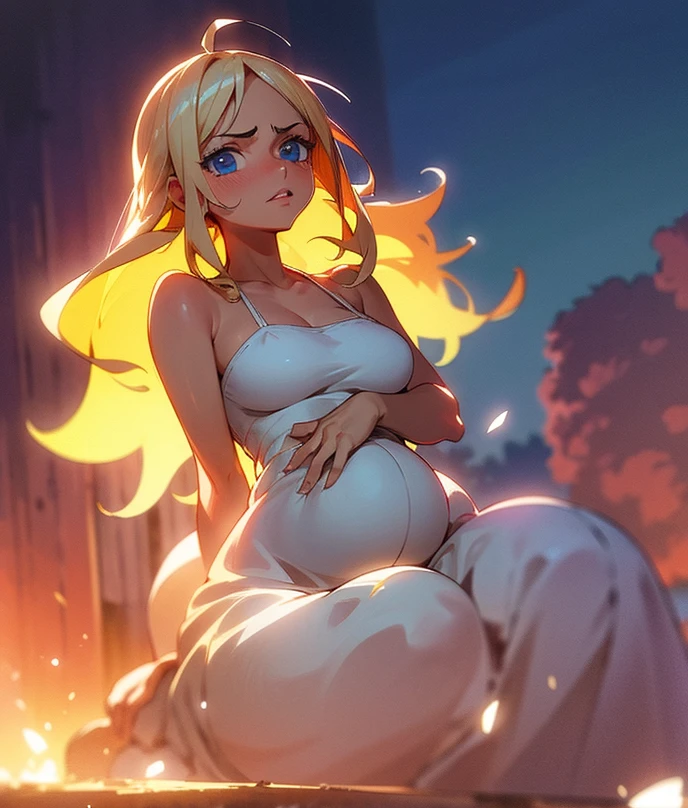 1 ,   long hair ,  High resolution , breasts, rice, blue eyes,   Fringe between the eyes, Necessary, HD model, Blonde hair, shiny hair,  Split Fringe, light blush,   red lips  , shy, Vanishing point, silhouette, scanlines,  anime style , anime, one piece, wavy hair, Alone,  messy hair ,  textured skin ,  porn movie , Blush,  embarrassed , open eyes, sparkling eyes, brilliance, silhouette, pregnant, barriga de pregnant,  dress holding the belly,  hands on the belly , EXPRESSIONS,  correct anatomy , correct anatomical model , Necessary,  Textured skin ,  garden, garden florido, picnic, sitting, flores,  dress, dress floral, dress fofo, dress romântico, dress rodado, surprised, Relieved, thoughtful