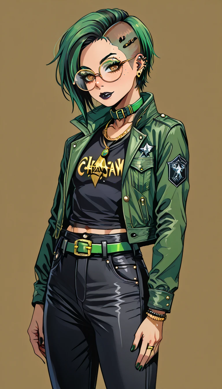 1boy;Androgynous;dark mahogany brown colored punk undercut hair;gold eyes;freckled skin;toned,athletic body;black lip gloss;black eyeliner;green eyeshadow;sharp black nails;round glasses;black tight full shirt;black cargo pants;green belt;Green distressed Canvas Jacket;Combat Boots;amber pendant;green collar;pierced ears;
