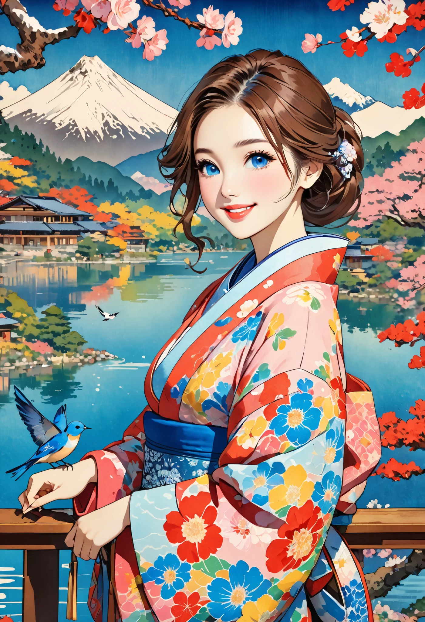 ( best quality, masterpiece,  high definition , 8k),  Young and Beautiful Women ,  cute face,  colorful kimono with bright patterns that reveal the chest, Mid-chest,  beautiful smiling woman ,  beautiful brown eyes ,  Pretty Pink Lips , Long brown hair,  look at me and smile, Mountain, Hotel, lake, blue bird ,  birds are flying, Blue Butterfly, large pine tree branch, Colorful Ukiyo-e style illustrations,  Detailed Illustration Art , 