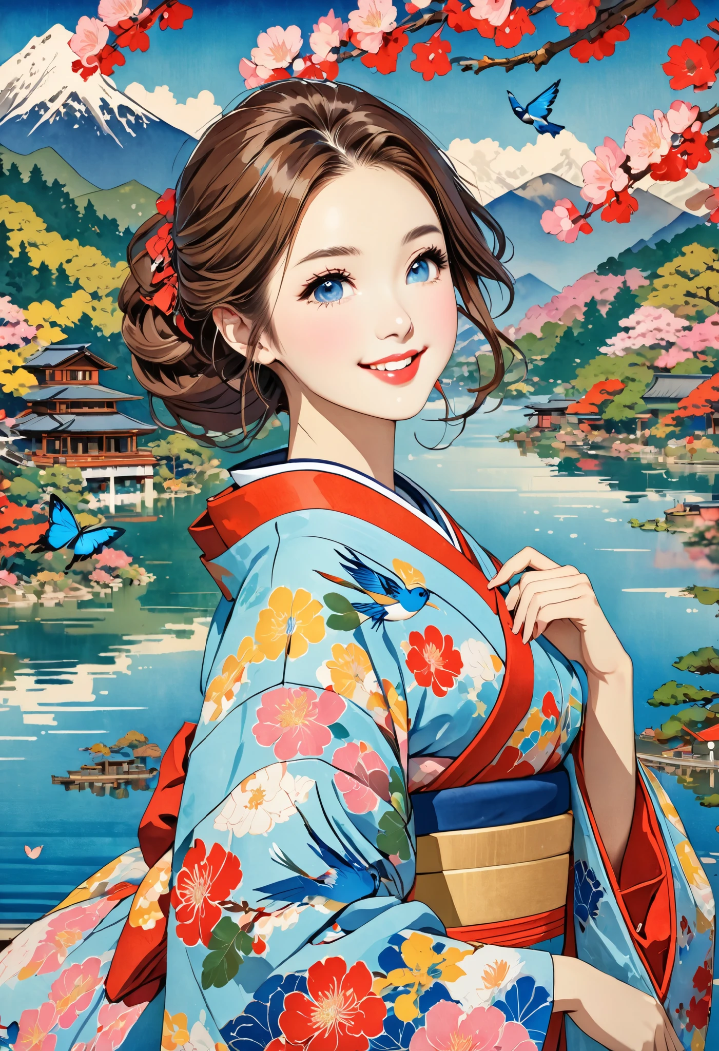 ( best quality, masterpiece,  high definition , 8k),  Young and Beautiful Women ,  cute face,  colorful kimono with bright patterns that reveal the chest, Mid-chest,  beautiful smiling woman ,  beautiful brown eyes ,  Pretty Pink Lips , Long brown hair,  look at me and smile, Mountain, Hotel, lake, blue bird ,  birds are flying, Blue Butterfly, large pine tree branch, Colorful Ukiyo-e style illustrations,  Detailed Illustration Art , 