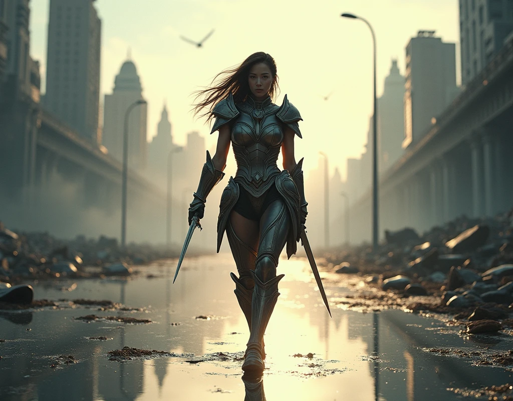  beautiful female warrior walking on a quiet surface 。 the twinkling surface of the water shows details of the skyline of a city devastated by war。 super detailed、 Movie-like 、 dramatic lighting 、 super real 、intricate cityscape 、 digital art 、 matte painting 、 Concept Art 、 detailed depiction of a complex city reflected on the surface of the water 、inflammation、Asahi