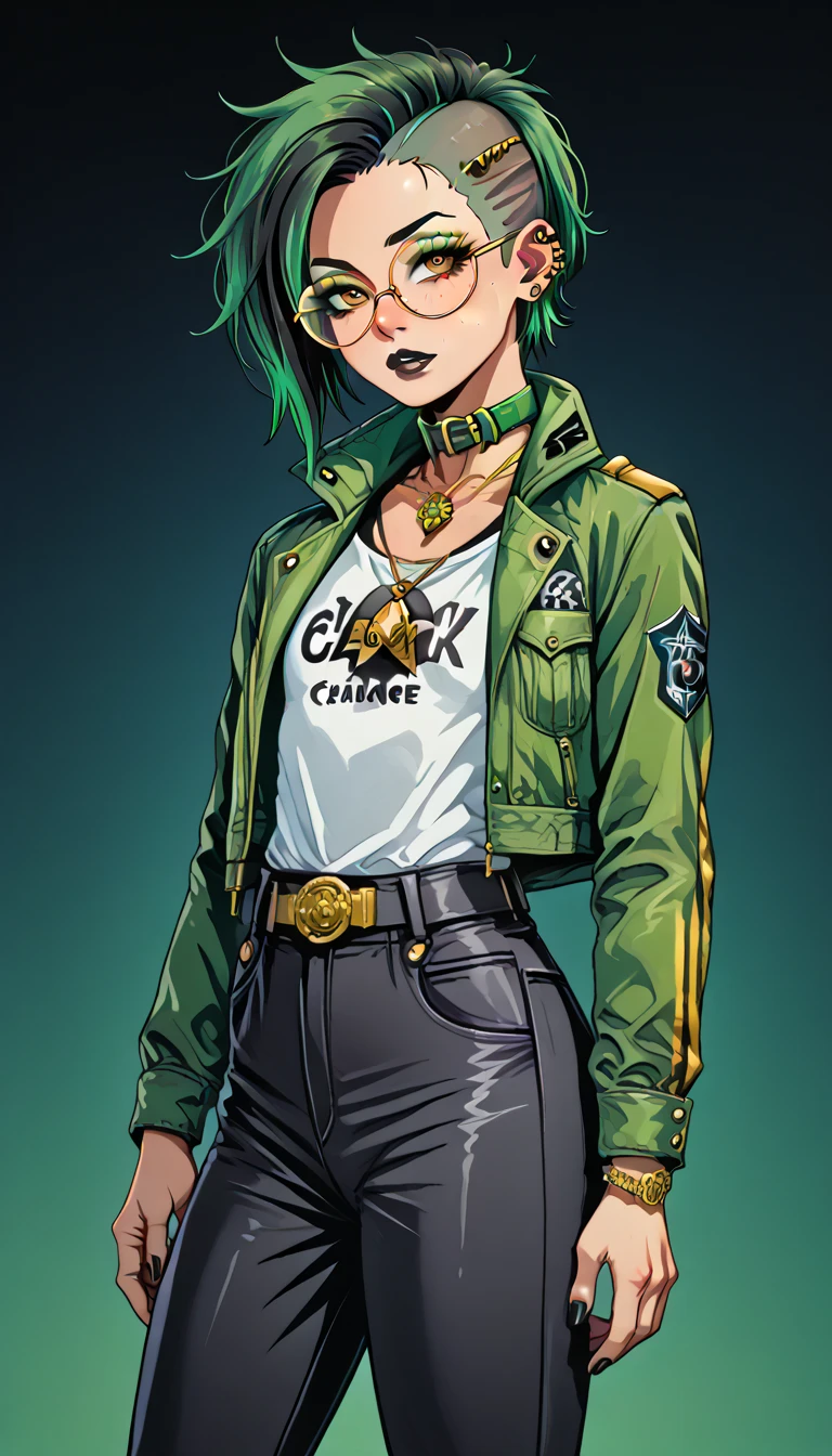 1boy;Androgynous;chestnut punk undercut hair;gold eyes;freckled skin;toned,athletic body;black lip gloss;black eyeliner;green eyeshadow;sharp black nails;round glasses;black tight full shirt;black cargo pants;green belt;Green distressed Canvas Jacket;Combat Boots;amber pendant;green collar;pierced ears;
