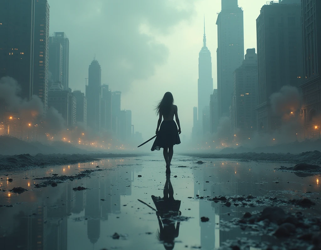  beautiful female warrior walking on a quiet surface 。 the twinkling surface of the water shows details of the skyline of a city devastated by war。 super detailed、 Movie-like 、 dramatic lighting 、 super real 、intricate cityscape 、 digital art 、 matte painting 、 Concept Art 、 detailed depiction of a complex city reflected on the surface of the water 、inflammation、Asahi