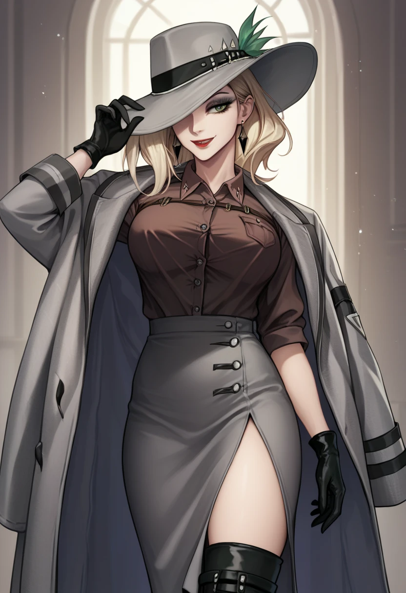  1girl, wallking, brown shirt, collared shirt, grey coat, coat on shoulder, gloves, grey pencil skirt, long skirt, side slit, black thigh boots, thighs, makeup, red lips, hat over one eye, one eye covered, light smile, earrings, green eyes, in downtown,covered eract nipple, two button shirt open, large breast