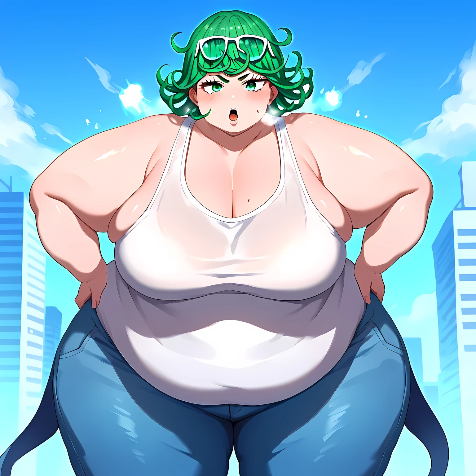 score_8_up, score_7_up, score_6_up, score_5_up, score_4_up, anime screenshot, looking at viewer, upper body,
1girl, tatsumaki, green hair, green eyes, short hair, curly hair, thighs, looking at viewer,
white tank top, jeans, eyewear on head, 
BREAK
standing, looking at viewer, city, fat, chubby, obese, gigantic arms and legs, large breasts open mouth, out of breath
