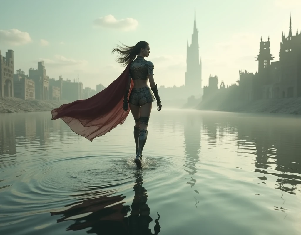  beautiful female warrior walking on a quiet surface 。 the twinkling surface of the water shows details of the skyline of a city devastated by war。 super detailed、 Movie-like 、 dramatic lighting 、 super real 、intricate cityscape 、 digital art 、 matte painting 、 Concept Art 、 detailed depiction of a complex city reflected on the surface of the water 、inflammation、Asahi