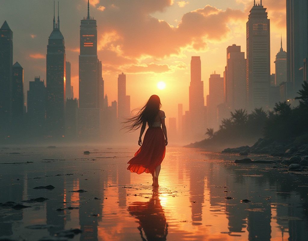  beautiful female warrior walking on a quiet surface 。 the twinkling surface of the water shows details of the skyline of a city devastated by war。 super detailed、 Movie-like 、 dramatic lighting 、 super real 、intricate cityscape 、 digital art 、 matte painting 、 Concept Art 、 detailed depiction of a complex city reflected on the surface of the water 、inflammation、Asahi