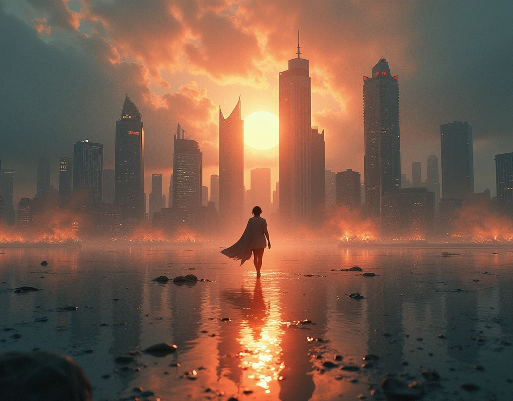  beautiful female warrior walking on a quiet surface 。 the twinkling surface of the water shows details of the skyline of a city devastated by war。 super detailed、 Movie-like 、 dramatic lighting 、 super real 、intricate cityscape 、 digital art 、 matte painting 、 Concept Art 、 detailed depiction of a complex city reflected on the surface of the water 、inflammation、Asahi