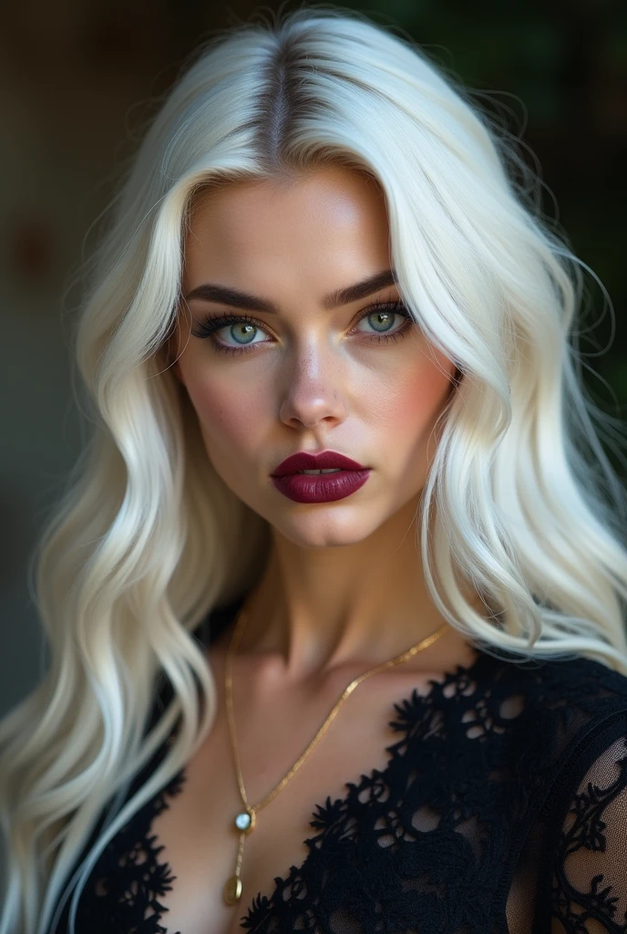 A stunningly beautiful (((woman))), with long, flowing (((white hair))), flawless (((porcelain skin))), and striking (((red lips))), dressed in a (((white, flowing lace dress))), blending in against a (completely pure, (((white backdrop))))