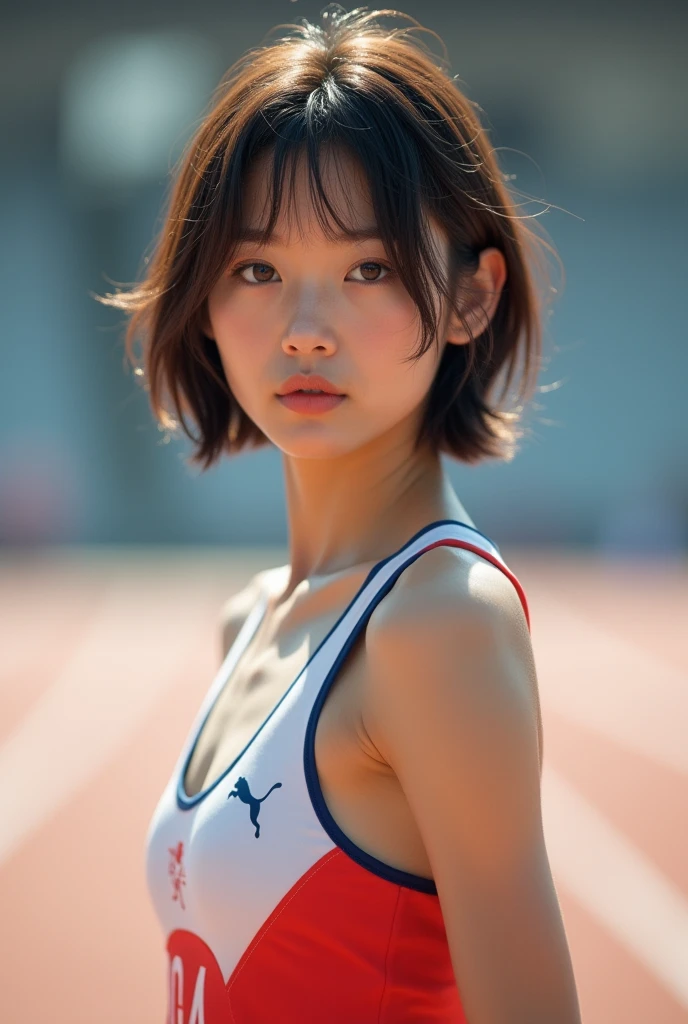 Athletes at the track and field stadium、Blowing in the wind for a long time [Blue-black:.3] hair,Show Viewer, (masterpiece:1.3), (8k, Realistic, RAW Photos, highest quality: 1.4), Japanese, (A 40 year old girl), Beautiful Face, (Realistic Face), (black hair, short hair:1.3), beautiful hairstyle, Realistic eyes, Beautiful details, (Realistic Skin), Beautiful Skin, charm, Ultra-high resolution, Ultra-realistic, Very detailed