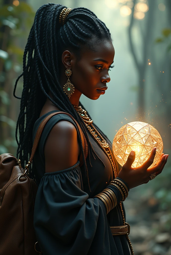 Woman with medium curly afro short hair , brunette and raven style , dark magic powers