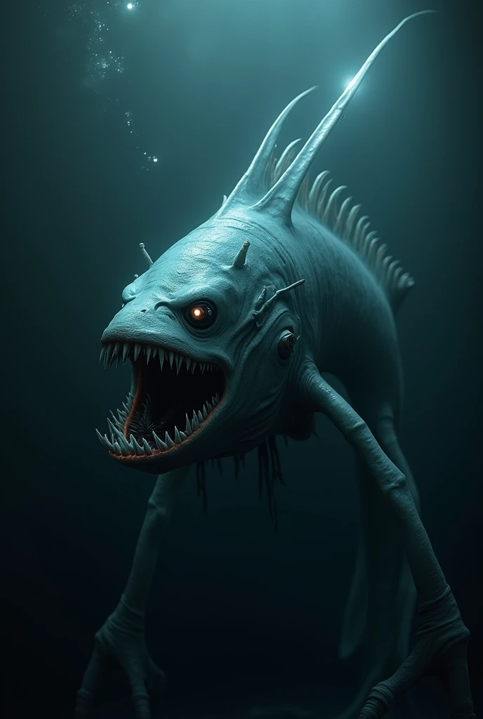 There is a shadow、Fish salmon、Fish salmonの体に黒くて細かい斑点がある、Horror、Fish salmonの目は赤く光っている、Fish salmonは正面を向いている、Fish salmonは大きく口を開けている