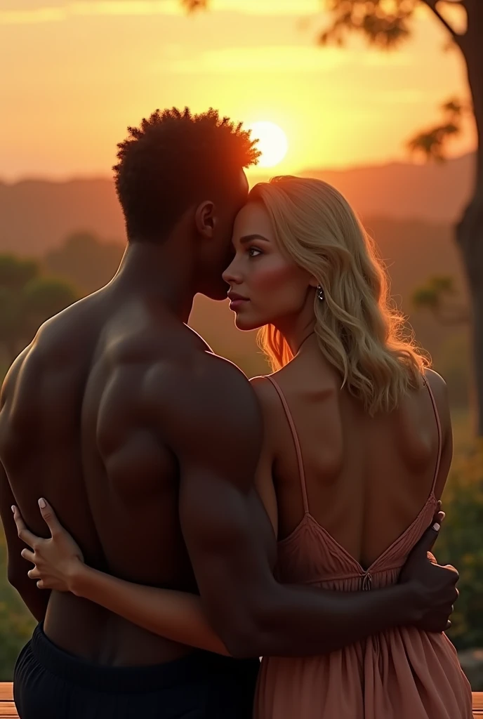 Blonde woman ((hypnotizes viewer with her veiny feet and open legs)) as she is lying in grass allowing her lover a fit black man to cover her groin with his hand.   