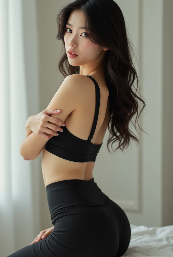 (shoulder length straight short hair: 1.1), (black hair:1.5),（Extremely meticulous CG 8k wallpaper），（Extremely refined and beautiful），（Masterpiece），（best qualtiy：1.0），（Ultra High Resolution：1.0），beautiful light up，Perfect lightning，realistic shaded，[A high resolution],(Smooth and flawless fair skin:1.5),(shiny skin:1.5),Extremely exquisite facial details,(perfect body：1.1），ultra - detailed，A beautiful girl，small head,(Small breasts:1.1)，Flat chests，slim，thin，Smile，cheerfulness,dog collar,(strappless Black bra wrap buttocks tight fitting dress mini short skirt:1.5),(black stockings:1.4),Slender legs,standing,at a bar,wine cabinet,dim lights,ambiguous atmosphere,Portrait photo,close shot,cowboy shot,upper body