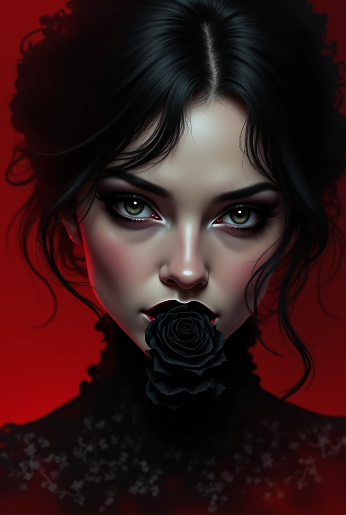 Gothic woman, 20 years old, vampire, brown eyes, black hair, lace dress, red mouth, pale skin, dark makeup, princess, bats around