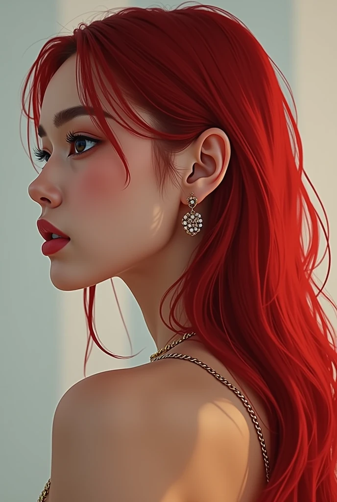 make a beautiful woman, with Lisa's face from Blackpink, turned to the side, red hair and shaved side of the hair, long hair 