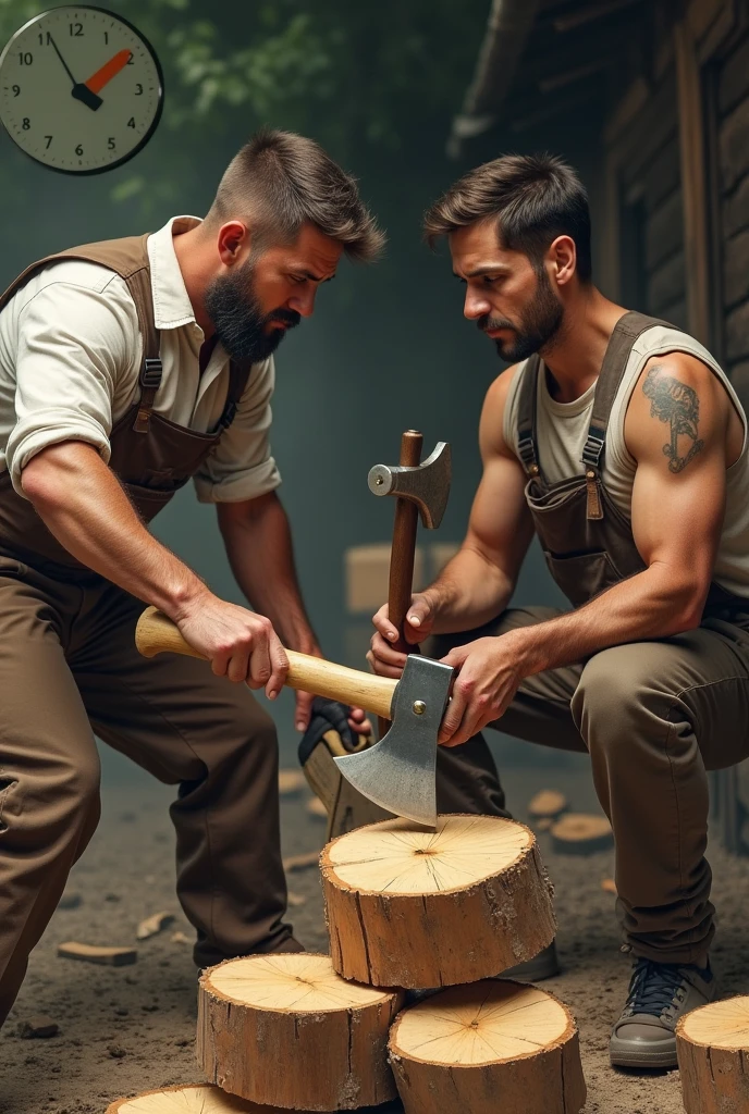 Attractive and elegant man, wearing lumberjack clothes but with the sample breastplate, photo in high quality, raw, in a detailed hut in the forest, with objects of a woodcutter behind and objects related to a kitchen prepared for breakfast. Gorgeous man with short hair shaved in machine 3, well done beard.