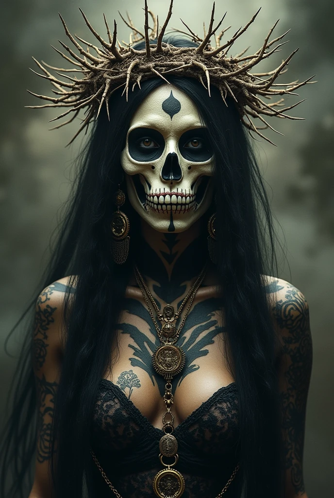 Grunge style, beautiful naked goddess of death, body intricately decorated with black and diamonds, deep red rubies, shiny, penetrating, black lace and smoke covers her nipples, dark and gloomy look, masterpiece, cinematic, bokeh, film grain, 1.8, 24 mm lens, female upper body in mythical water, water surface, masterpiece, perfect face, intricate details, horror theme, epoxy_skull, dark nightmare of a 21 years old Voodoo priestess young woman with voodoo makeup and snakes in her hair, aswang, medium-sized humanoid, predatory appearance, shapeshifter, sharp, feral features, claws and fangs, glowing eyes, keen sense of smell, heightened senses, dark ominous presence, sinister malevolent expression, irritant,healthy,outlandish, bewildering, grim, decomposing, dynamic, malevolent, melancholy, flare, fast autofocus, f/22, shutter speed 1/125 sec, iso1600, white balance daylight, exposure compensation "+3.0 ev", shutter priority shooting mode, leading lines, focus mode continuous, spot metering, by milton caniff, cel shading, photorealistic, extreme detail, perfect photography