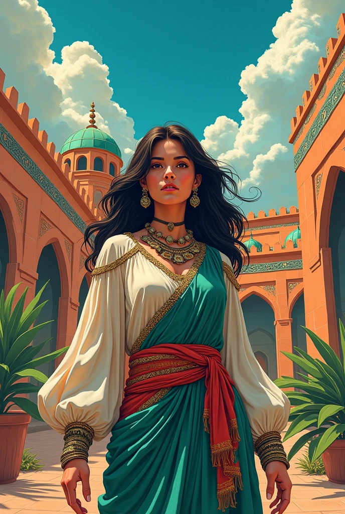 Arab woman with traditional clothing and in the background an Arab empire with ancient classic Arab architecture and very modern at the same time