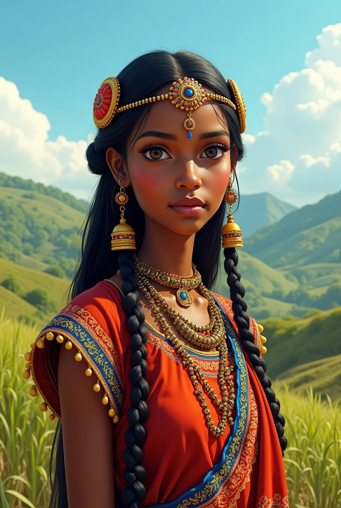 A beautiful black woman with black African skin, she is a princess of the forest, wearing tribal costumes with various African tribal accessories, by the body, cultural wakanda, Africans, she has wavy hair, curly brown hair, a beautiful sweet-looking woman, skinny;