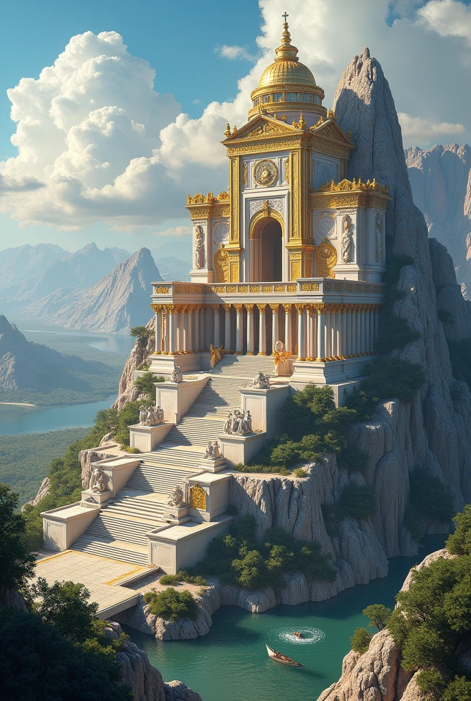 Create an image of a temple highlighting its grandeur and majesty. The temple is rectangular and has a large and imposing entrance, with a triangular roof that extends towards the sky. The walls of the temple are tall and decorated with intricate friezes and ornaments, depicting mythological and historical scenes. Upon entering the temple, we see a series of statues of Greek gods arranged along the walls. The statues are tall and imposing, made of white marble and carved with great skill and detail. We see statues of Zeus, the king of the gods, with his lightning bolt in one hand and his eagle in the other; of Athena, the goddess of wisdom, holding her spear and her shield; of Hera, the queen of the gods, with her golden crown and scimitar. Other statues include Poseidon, the god of the sea, holding his trident; Aphrodite, the goddess of love and beauty, with her golden apple; Apollo, the god of the sun and music, playing his lyre; and Hades, the god of the dead, holding his iron scepter. The light entering the temple is soft and diffuse, filtered through the tall, narrow windows that scatter across the walls. The atmosphere is sacred and tranquil, with a reverential silence that is broken only by the occasional murmur of amazed visitors --auto --s2