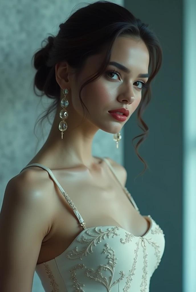 An Extremely Extravagant Goddess, Dressed in a bodycon white silk dress ,Huge and thick and curvy body with colossal ass and breaats, Beautiful turquoise eyes with perfect eyeshadow, dans une chambre haut de gamme
