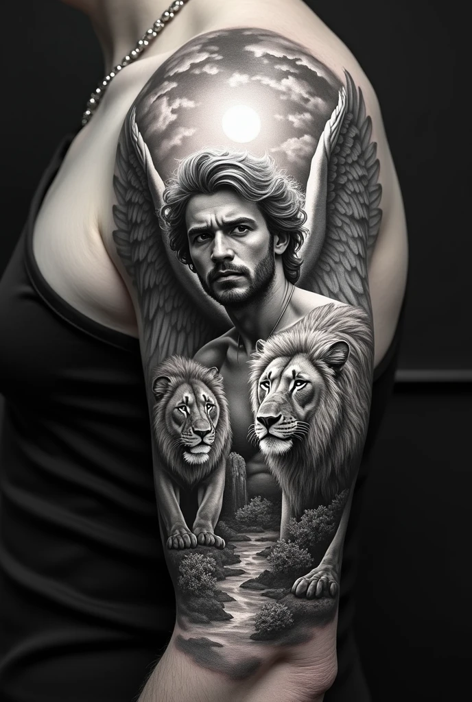 Create a tattoo where the main idea is a male guardian angel and a lion for a man's arm from shoulder to wrist with the eye of Adam