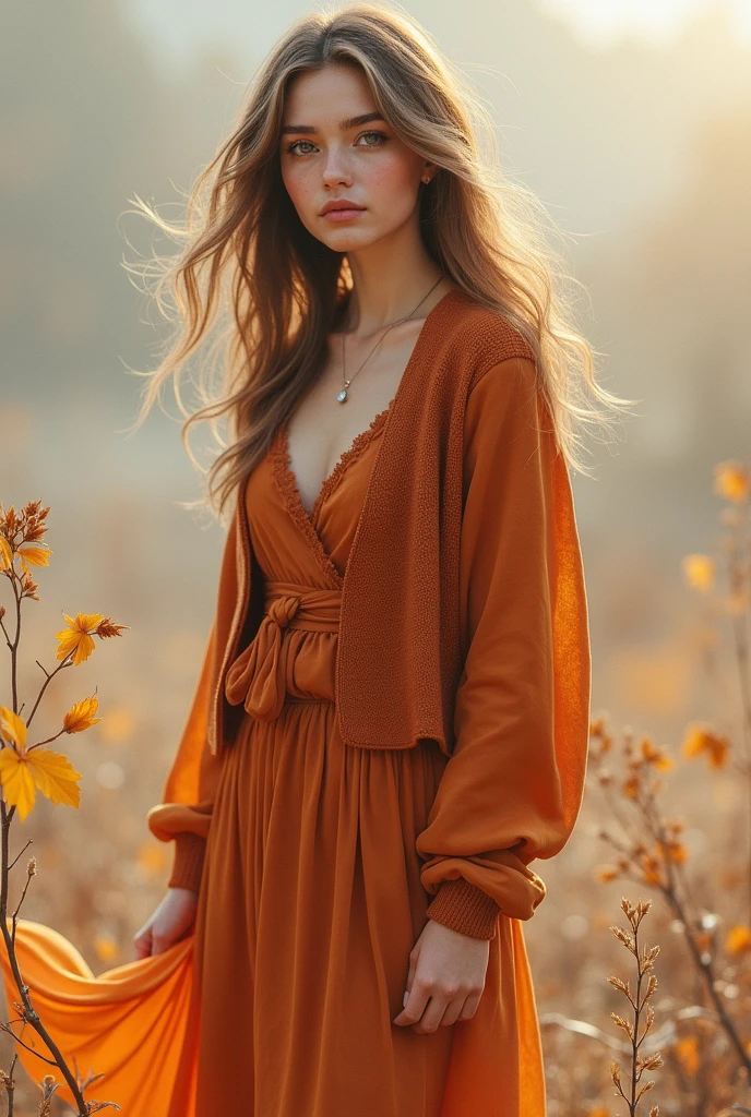 beautiful full length girl. In a casual autumn outfit in terracotta shades