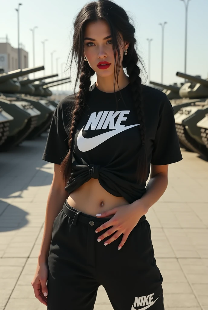mexican teen girl jet black hair school uniform piercing belly, nordic warrior hairstyle and makeup and tattoos