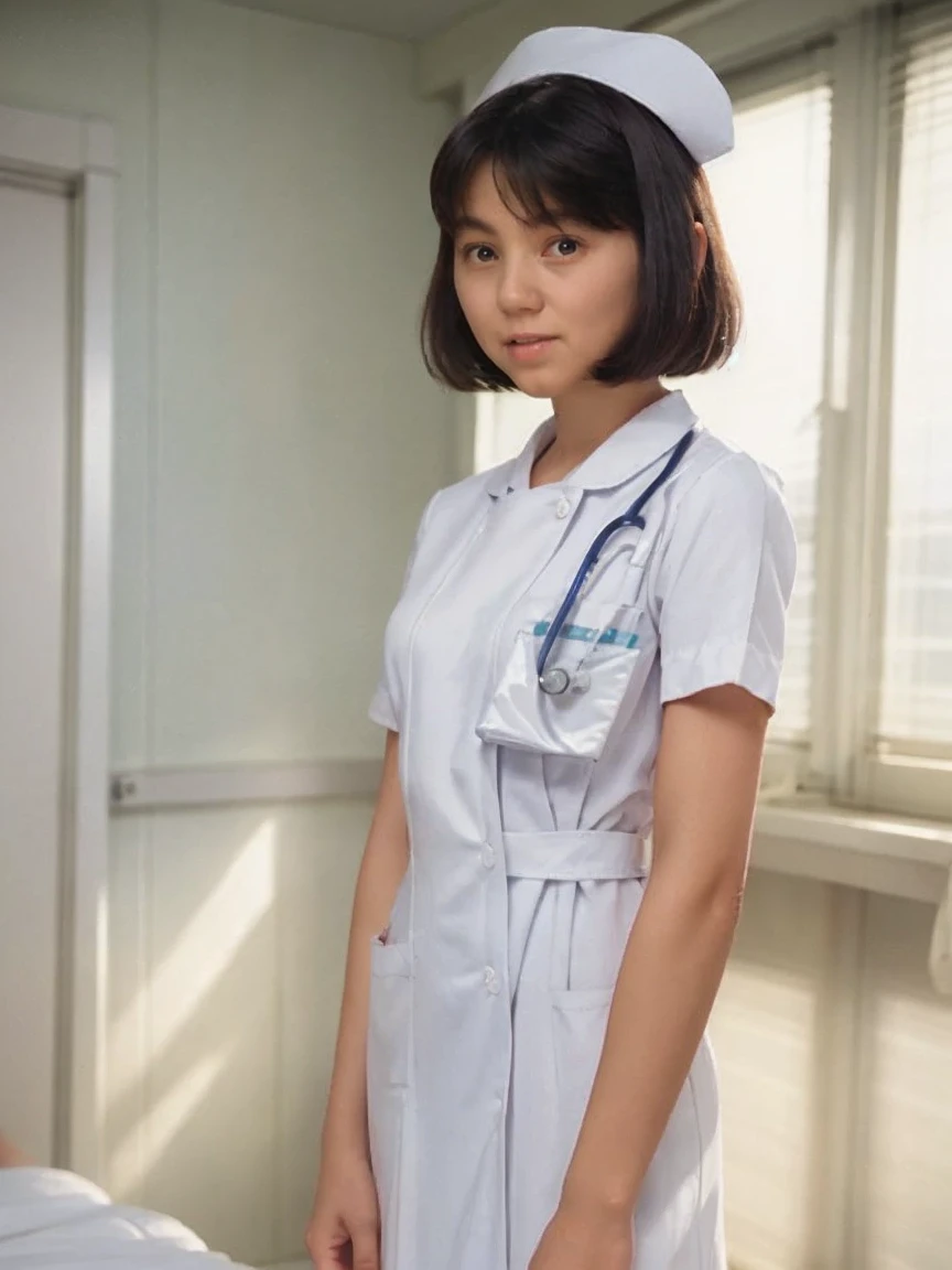   girl,Alone, (Wearing white nurse clothes:1.2), (  bob cut from the front ),  black hair , nurse,   COMPLETE ANATOMY , nurse uniform, ( nurse cap), (  White Costumes  ),   long skirt , hospital, ( face), 笑face、 natural light