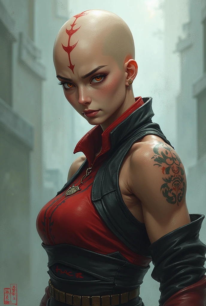 ((realista: 1.5)),((melhor qualidade)), ((obra-prima)),((detalhado)), Woman, very ugly, bald, muscular, warrior clothes, scars on her body, bandages on her hands.