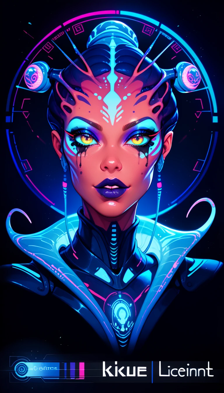 Ancient Extraterrestrial Creature, Alien Being, ((Non-Human)), Female seductive Alien, colorful skin, Revealing Glowing Biopunk, Futuristic Alien clothes, Seductive Alien technology, Black Background, Character Design Sheet, ((eye focus, lip focus)), glowing nipples