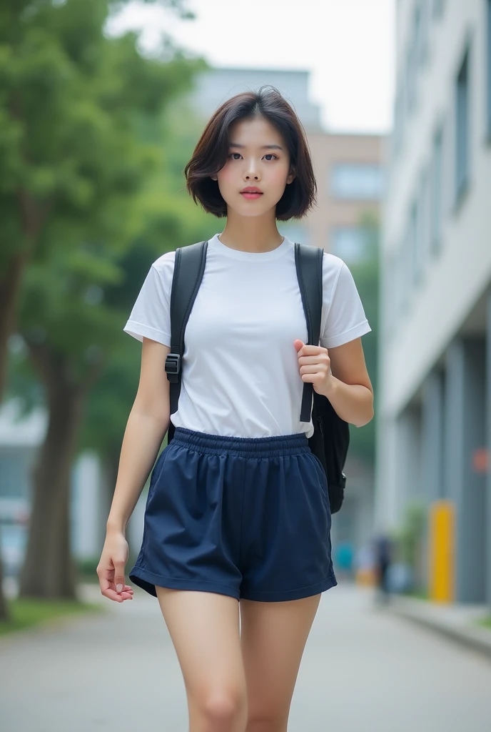 girl walking in school yard,short-sleeved white plain t-shirt with navy blue trim,navy blue speedo-style briefs,school bag,18-year-old,bangs,a little smile,thighs,knees,short cut hair,low ponytail,from below,front-lighting